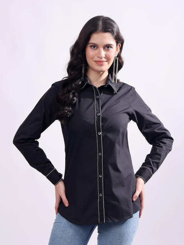Black Button Down Shirt Long Sleeve With Embroidery Work