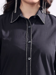 Black Button Down Shirt Long Sleeve With Embroidery Work