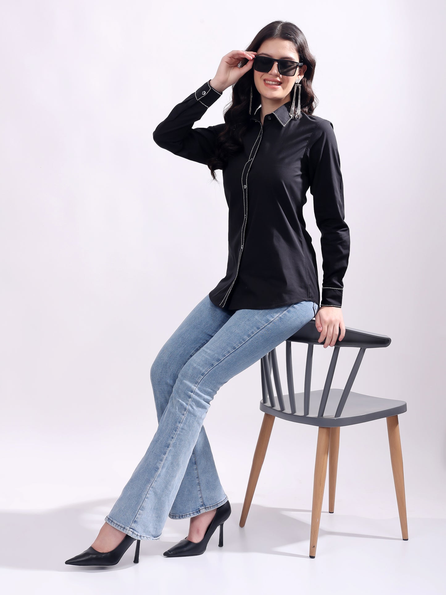 Black Button Down Shirt Long Sleeve With Embroidery Work