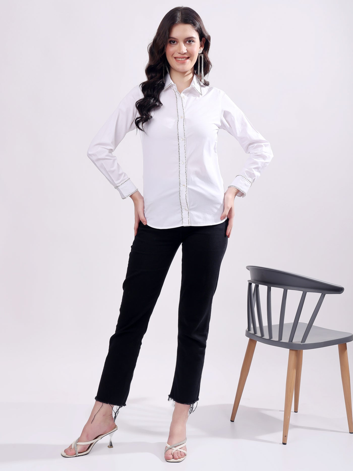 White Button Down Shirt Long Sleeve With Embroidery Work