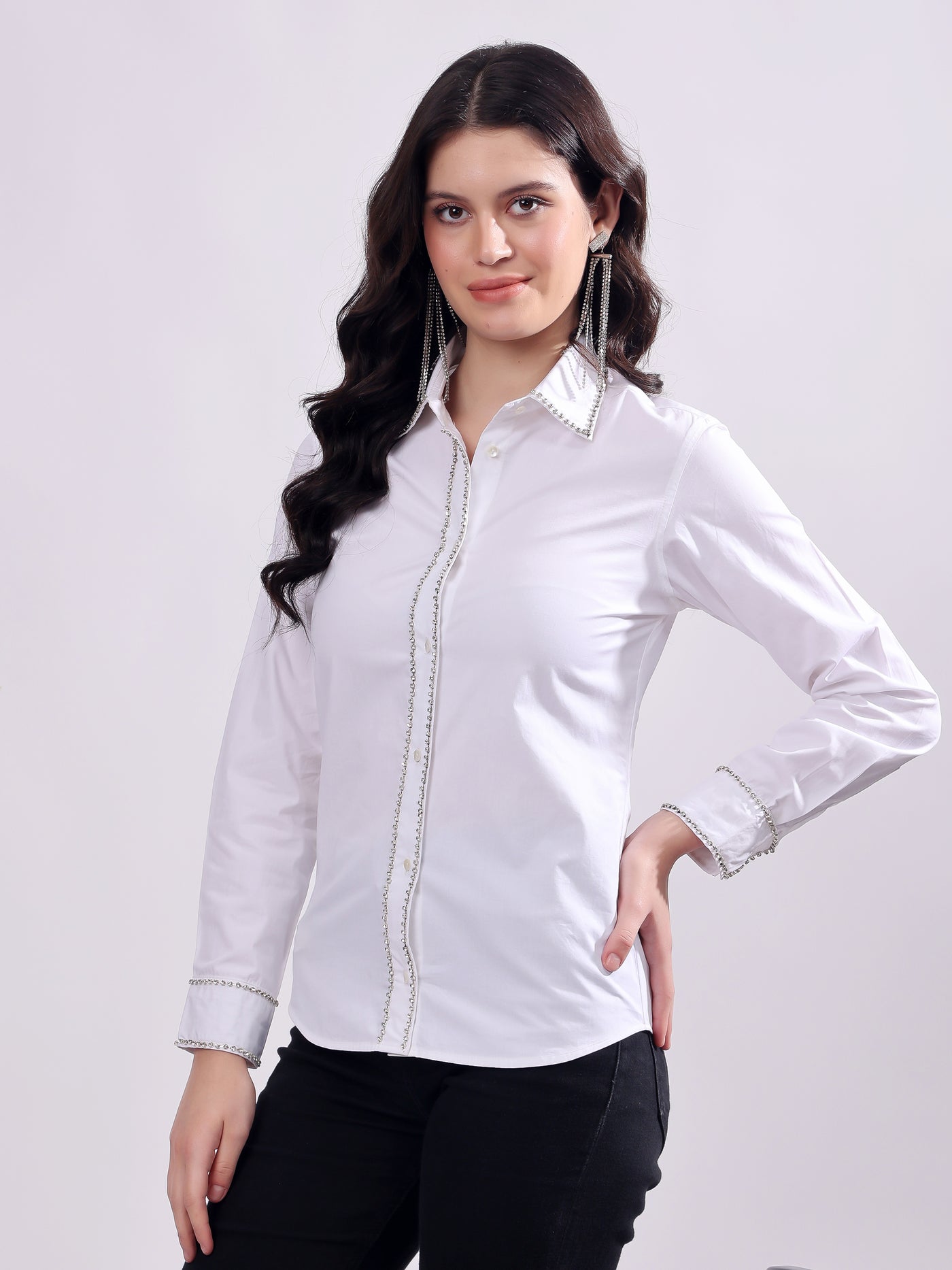 White Button Down Shirt Long Sleeve With Embroidery Work