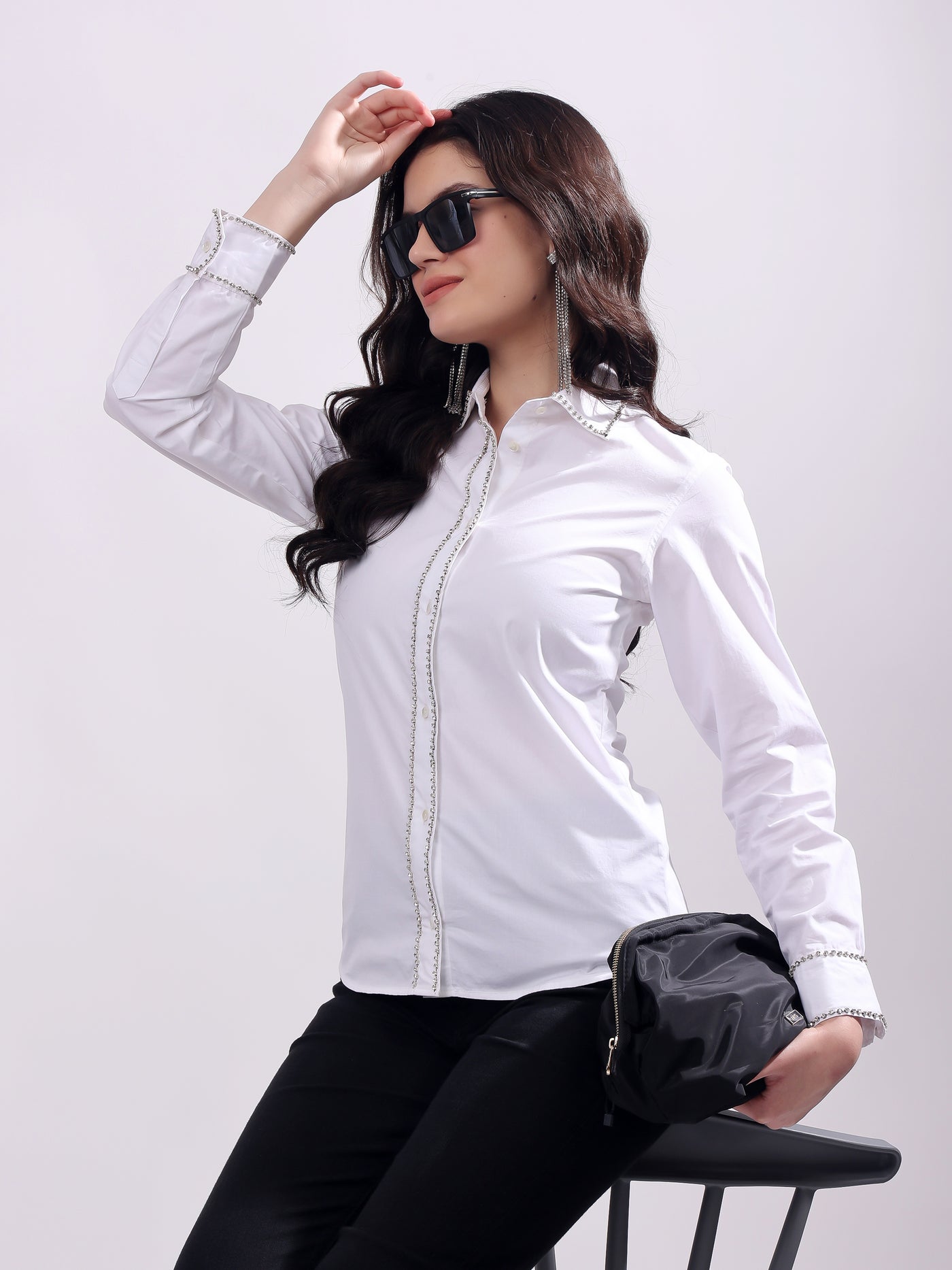 White Button Down Shirt Long Sleeve With Embroidery Work