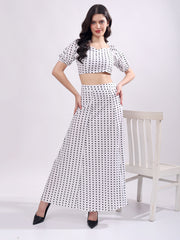 Polka Dot Printed Puff Sleeves Top With Skirt