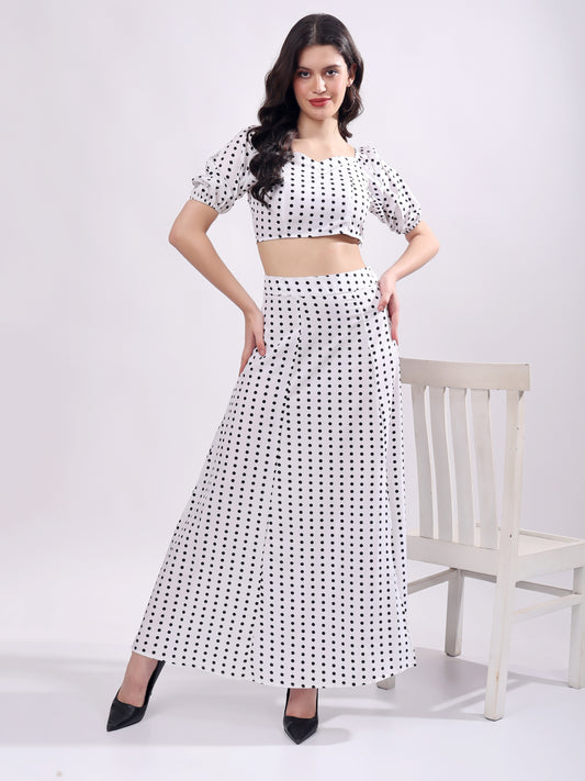 Polka Dot Printed Puff Sleeves Top With Skirt
