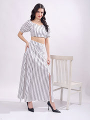 Polka Dot Printed Puff Sleeves Top With Skirt