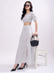 Polka Dot Printed Puff Sleeves Top With Skirt