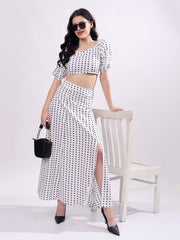 Polka Dot Printed Puff Sleeves Top With Skirt