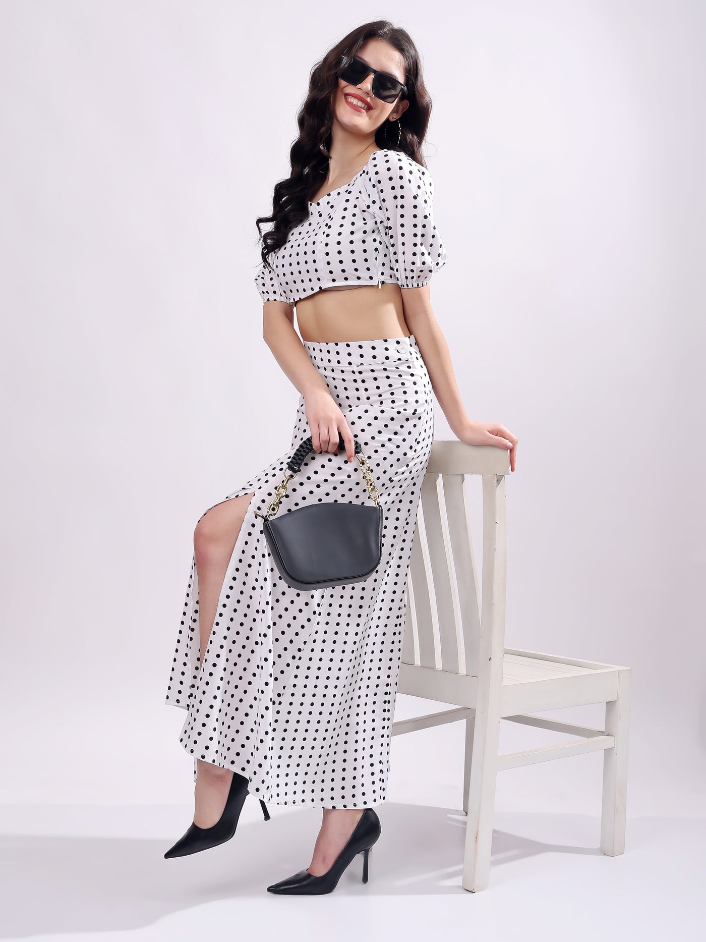 Polka Dot Printed Puff Sleeves Top With Skirt