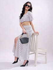 Polka Dot Printed Puff Sleeves Top With Skirt