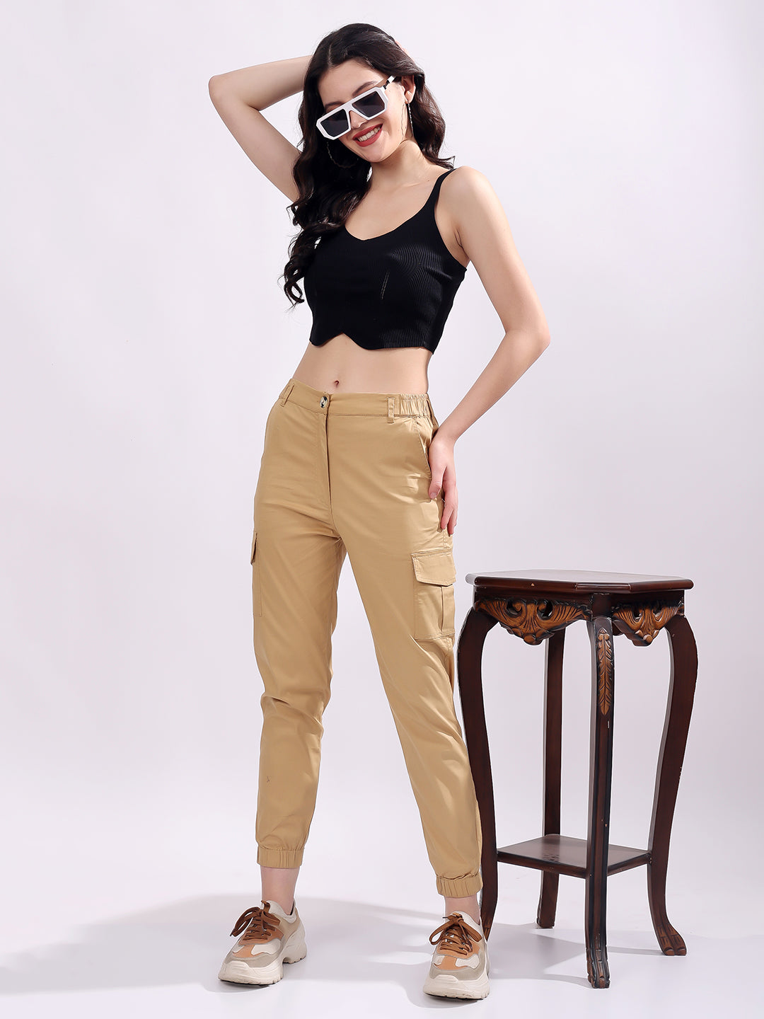 Women Pure Cotton Mid-Rise Cargo Joggers